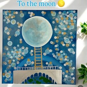 Abstract Blue and Gold Moon Painting